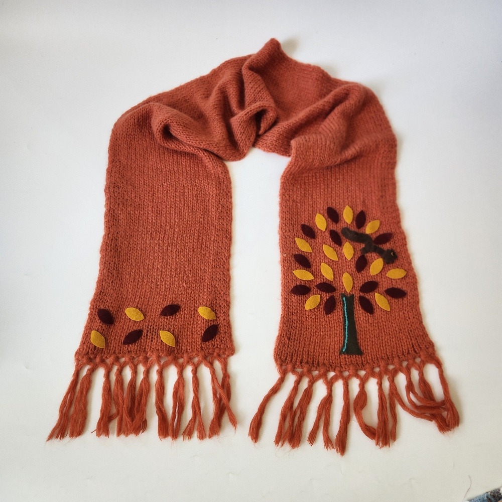 Wooden Ships Wool Blend Knit Scarf Burnt Orange Felted Tree Applique Autumn Cozy